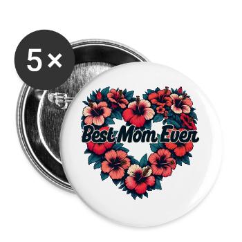Beste Mama aller Zeiten Hibiskusherz - Buttons groß 56 mm (5er Pack) - Weiß - Vorne