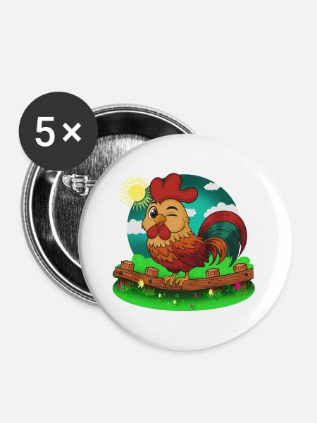 Bauernhof Hahn im Sonnenschein - Buttons groß 56 mm (5er Pack) - Weiß