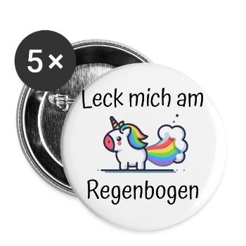 Leck mich am Regenbogen Einhorn Spruch - Buttons groß 56 mm (5er Pack) - Weiß - Vorne
