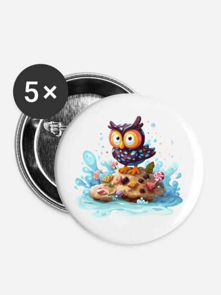 Euleninsel mit Naschwerk - Buttons groß 56 mm (5er Pack) - Weiß