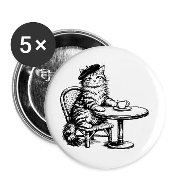 Cat at the Café with Beret - Vintage Retro Design - Buttons large 2.2''/56 mm (5-pack) - white - Front