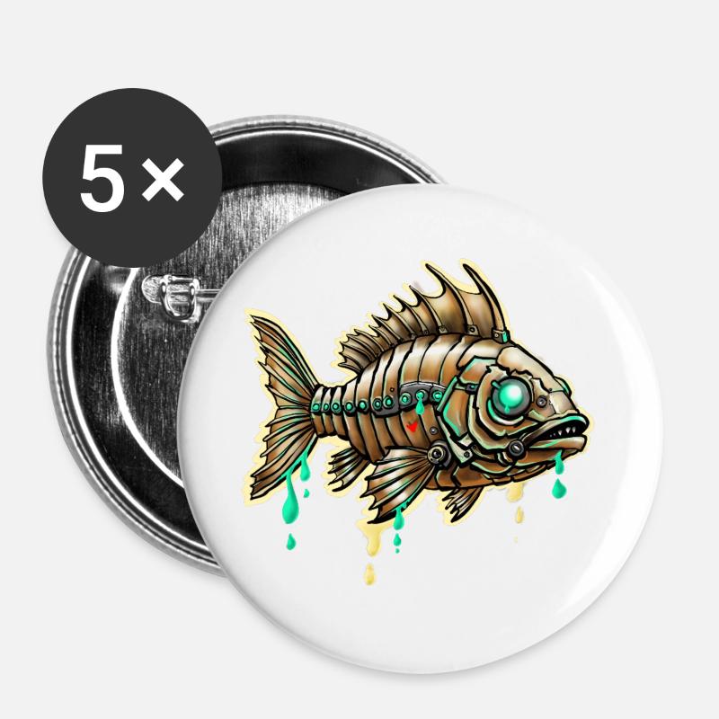 Cybernetischer Steampunk-Fisch - Buttons groß 56 mm (5er Pack) - Weiß