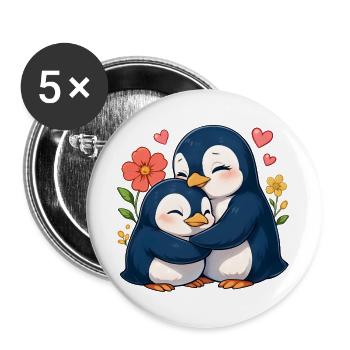 Kuschel-Pinguine im Blumenmeer - Buttons groß 56 mm (5er Pack) - Weiß - Vorne