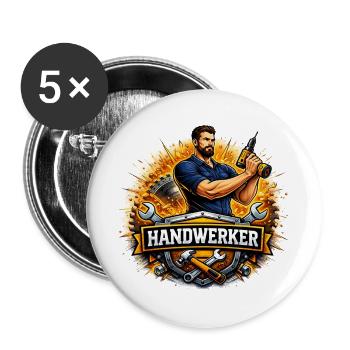 Handwerker Logo – Comic Style mit Bohrer - Buttons groß 56 mm (5er Pack) - Weiß - Vorne