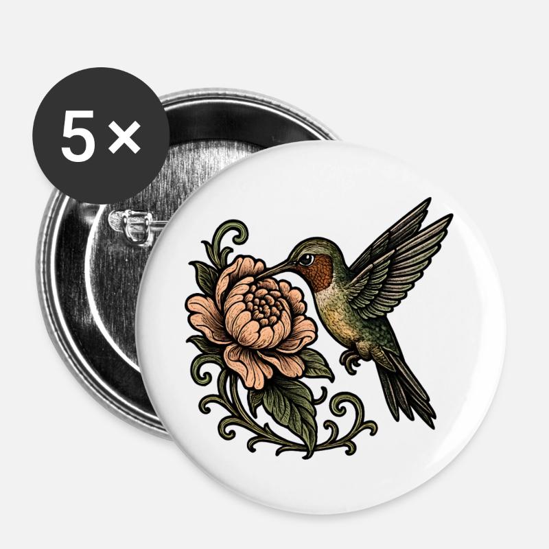 Kolibri mit Rose Vintage Tattoo - Buttons groß 56 mm (5er Pack) - Weiß