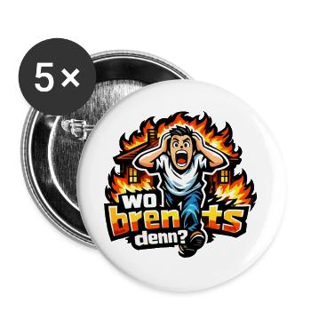 Feueralarm Cartoon mit Spruch: Wo brennts? - Buttons groß 56 mm (5er Pack) - Weiß - Vorne
