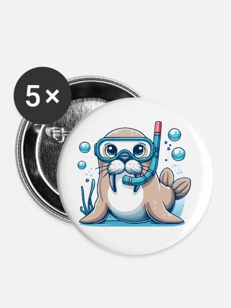 Unterwasser-Siegel mit Taucherbrille - Buttons groß 56 mm (5er Pack) - Weiß