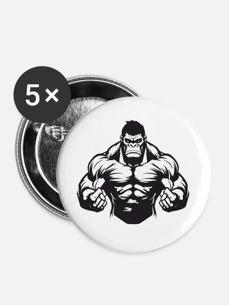 Gorilla Muskeln - Buttons groß 56 mm (5er Pack) - Weiß