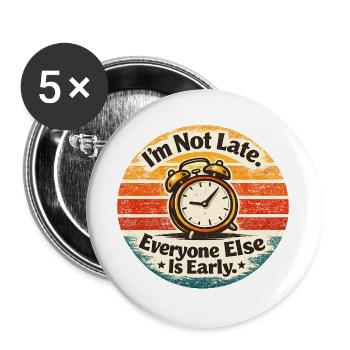 Pünktlichkeits-Wecker Retro - Buttons groß 56 mm (5er Pack) - Weiß - Vorne