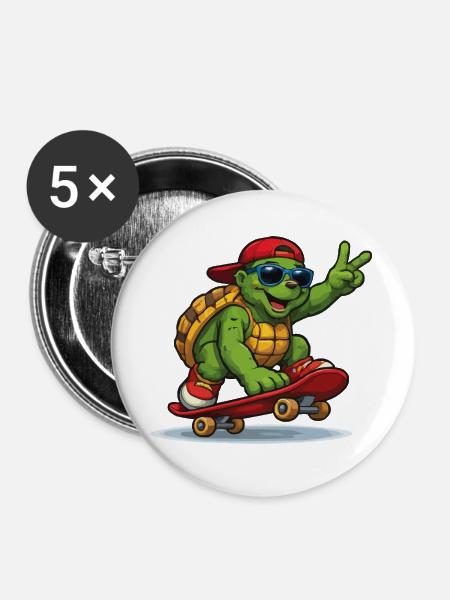 Schildkröte auf Skateboard mit Stil - Buttons groß 56 mm (5er Pack) - Weiß
