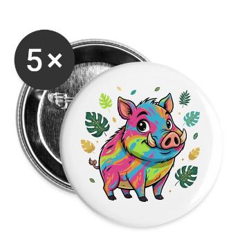 Regenbogen Schwein mit Herbstlaub - Buttons groß 56 mm (5er Pack) - Weiß - Vorne