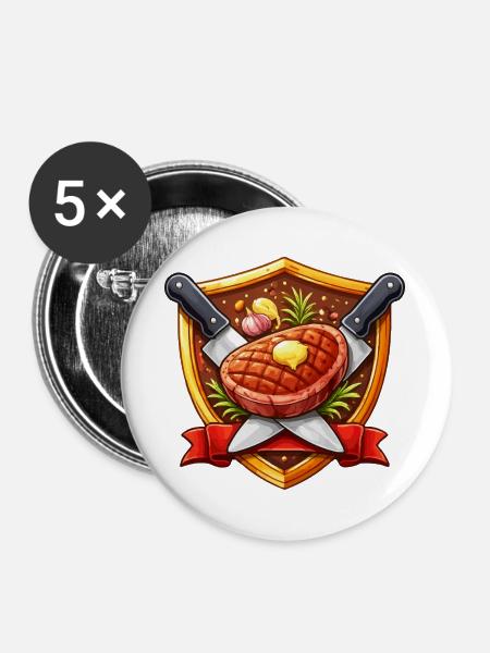 Grillsteak Schildmotiv - Buttons groß 56 mm (5er Pack) - Weiß