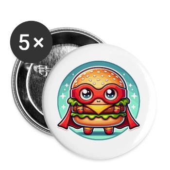 Hamburger Superhero Burger Held Fast Food Snack - Buttons large 2.2''/56 mm (5-pack) - white - Front