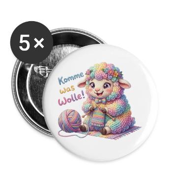 Komme was Wolle - Strickendes Schaf Wollknäuel  - Buttons groß 56 mm (5er Pack) - Weiß - Vorne