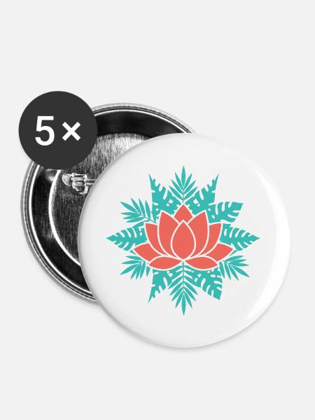Korallenlotus mit Teal-Blättern - Buttons groß 56 mm (5er Pack) - Weiß