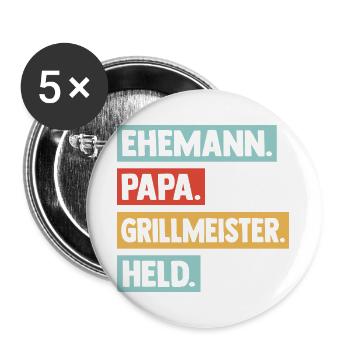Maître du grill Papa Père Héros Hommes du barbecue - Lot de 5 grands badges (56 mm) - blanc - Devant
