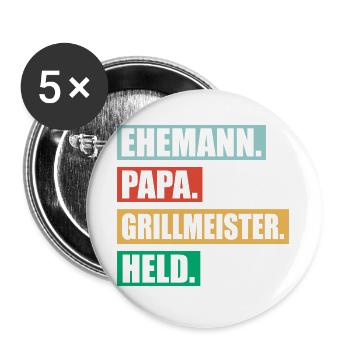 Papa Grillmeister Held Für Vatertag BBQ - Buttons groß 56 mm (5er Pack) - Weiß - Vorne