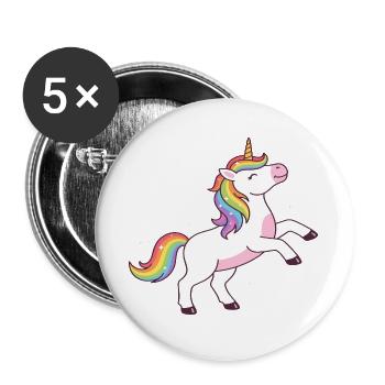 Regenbogen-Einhorn-Glitzer-T-Shirt - Buttons groß 56 mm (5er Pack) - Weiß - Vorne