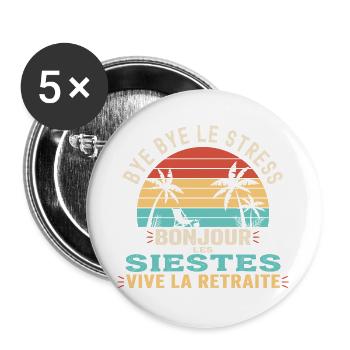 Idée Cadeau Départ Retraite Homme Femme - Lot de 5 grands badges (56 mm) - blanc - Devant