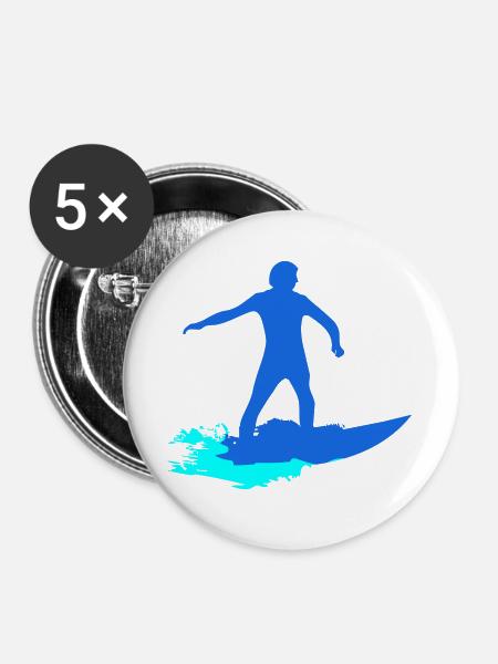 Surfer Silhouette auf Welle - Buttons groß 56 mm (5er Pack) - Weiß