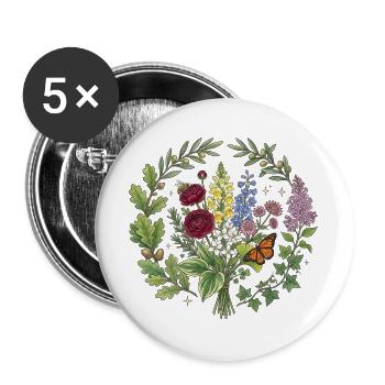 Bouquet floral avec papillon orange - Lot de 5 grands badges (56 mm) - blanc - Devant