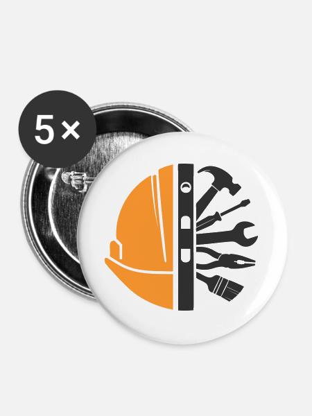 Bauhelm & Werkzeug – Handwerker Logo - Buttons groß 56 mm (5er Pack) - Weiß