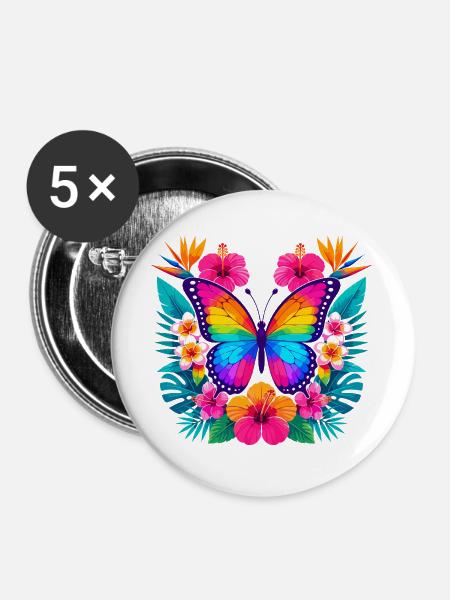 Bunter Tropen-Schmetterling - Buttons groß 56 mm (5er Pack) - Weiß