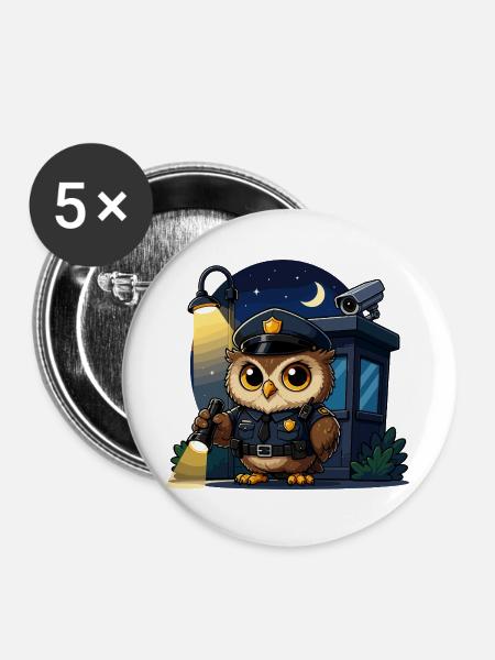 Nachtwächter Eulenpolizist - Buttons groß 56 mm (5er Pack) - Weiß