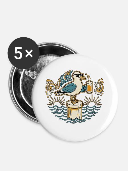 Bier Möwe - Buttons groß 56 mm (5er Pack) - Weiß