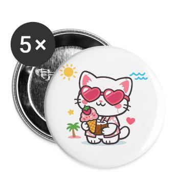 Chat à lunettes en forme de cœur avec glace - Lot de 5 grands badges (56 mm) - blanc - Devant