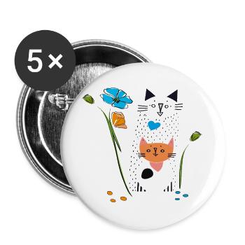  Schwarze Katze mit Blumen - Buttons groß 56 mm (5er Pack) - Weiß - Vorne