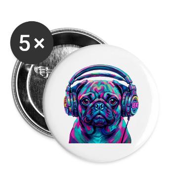 Pop Art Mops mit Kopfhörer Neon DJ Hund - Buttons groß 56 mm (5er Pack) - Weiß - Vorne