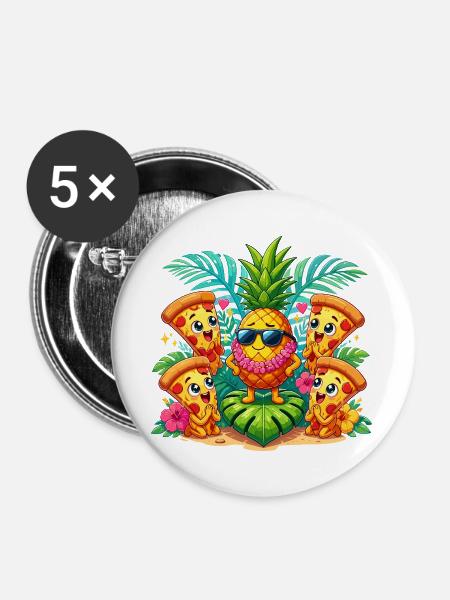 Kawaii Ananas Party mit Pizza-Kumpels - Buttons groß 56 mm (5er Pack) - Weiß