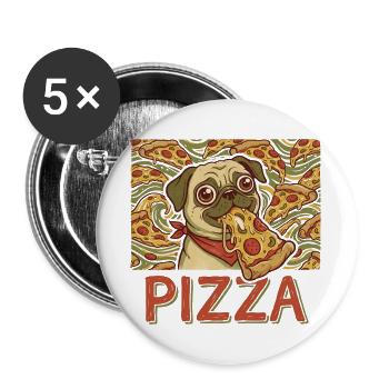 Pizza Mops Hund Lustig Pizza Fan PIZZA Motiv - Buttons groß 56 mm (5er Pack) - Weiß - Vorne