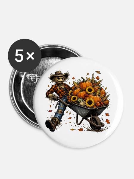 Herbsternte Scheuchfigur mit Kürbissen - Buttons groß 56 mm (5er Pack) - Weiß