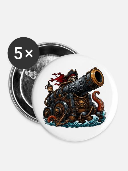 Piratenschiff mit Kanone und Kraken - Buttons groß 56 mm (5er Pack) - Weiß