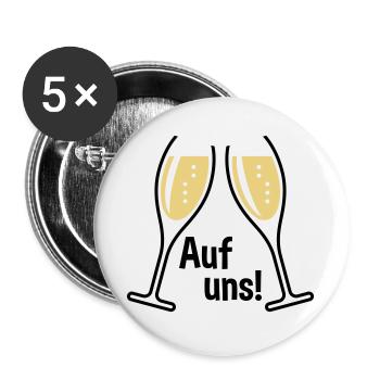 Auf Uns! 2 Sektgläser (Sekt / Oval / Offen / 2C) - Buttons groß 56 mm (5er Pack) - Weiß - Vorne
