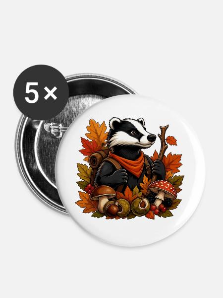 Herbstlicher Dachs mit Pilzen - Buttons groß 56 mm (5er Pack) - Weiß