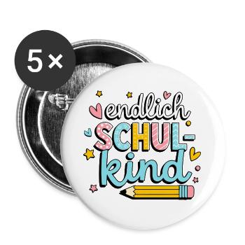 Endlich Schulkind – bunter Schulstart - Buttons groß 56 mm (5er Pack) - Weiß - Vorne