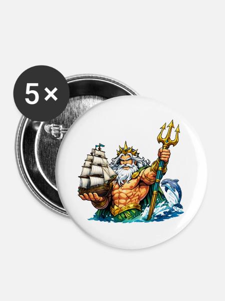 Neptun mit Seegelschiff - Buttons groß 56 mm (5er Pack) - Weiß