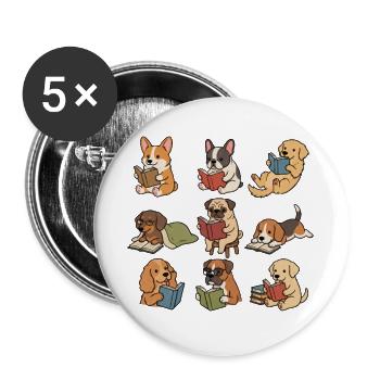 Süße Hunde, die Bücher lesen, Bücherliebhaber-T-Shirt - Buttons groß 56 mm (5er Pack) - Weiß - Vorne