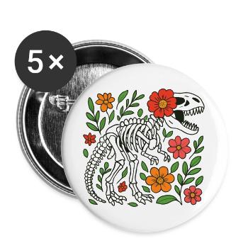 T Rex Skelett mit Blumen - Buttons groß 56 mm (5er Pack) - Weiß - Vorne
