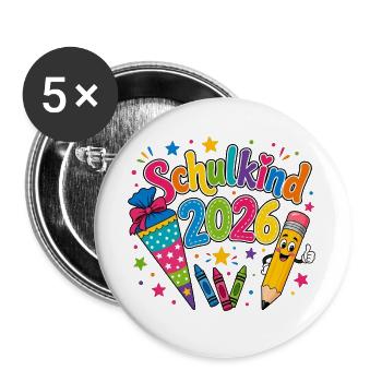 Schulkind 2026 - Buttons groß 56 mm (5er Pack) - Weiß - Vorne