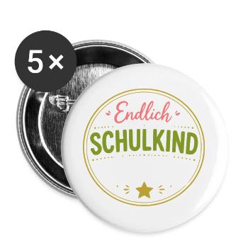 Endlich Schulkind Abzeichen - Buttons groß 56 mm (5er Pack) - Weiß - Vorne