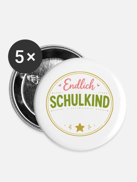 Endlich Schulkind Abzeichen - Buttons groß 56 mm (5er Pack) - Weiß