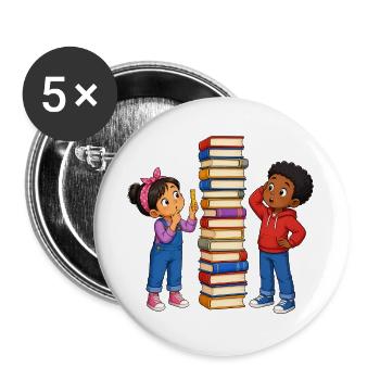 Kinder Bücherstapel Messen Lustiges Lernmotiv - Buttons groß 56 mm (5er Pack) - Weiß - Vorne