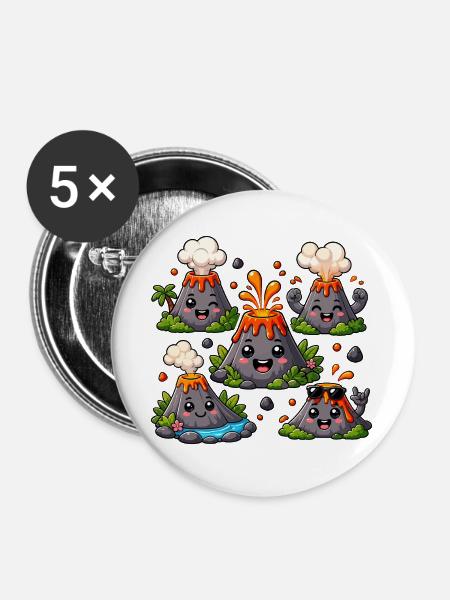Lustige Vulkane mit Lavafreuden - Buttons groß 56 mm (5er Pack) - Weiß