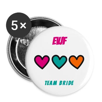 Junggesellinnenabschied. BRAUT. TEAM. TEAM MARIEE. ZUKÜNFTIGE BRAUT - Buttons groß 56 mm (5er Pack) - Weiß - Vorne