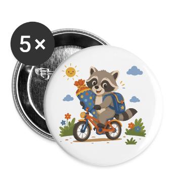 Waschbär fährt mit dem Fahrrad zur Schule - Buttons groß 56 mm (5er Pack) - Weiß - Vorne