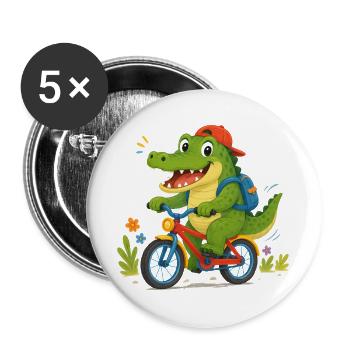Cheerful crocodile riding a bicycle to school - Buttons large 2.2''/56 mm (5-pack) - white - Front